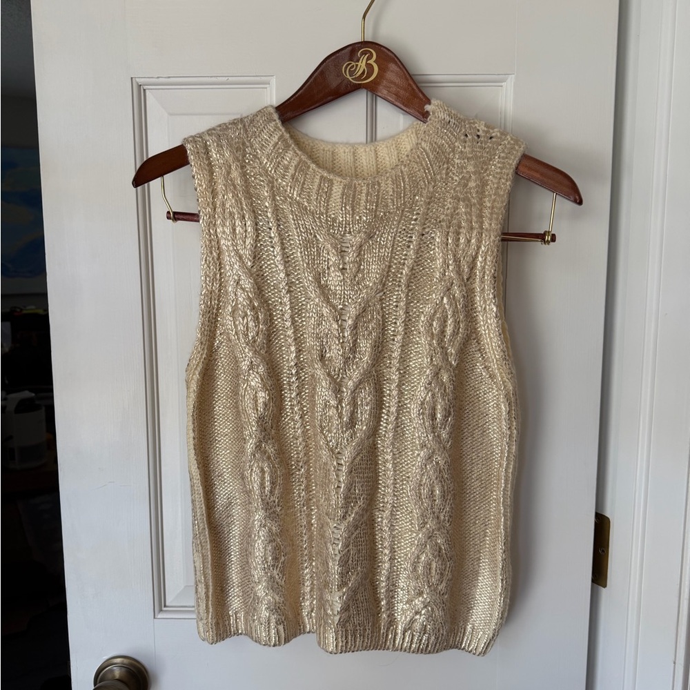 Cream & Gold Cable Knit Sleeveless Sweater Vest